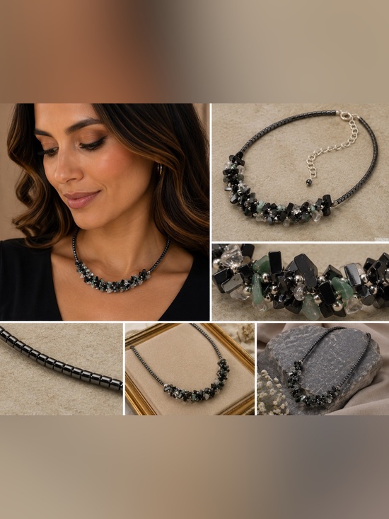 Jewelry - Hematite Stone Beaded Necklace Black Quartz Crystal Statement Necklace Spiritual